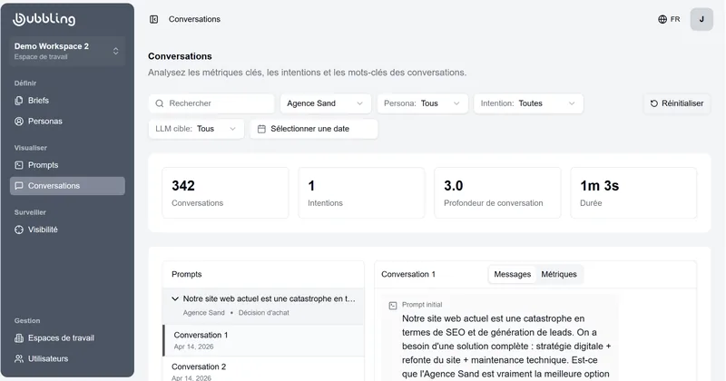 Capture d'écran Bubbling — analyse du sentiment (positif, neutre, négatif) des conversations IA mentionnant la marque, avec extraits représentatifs