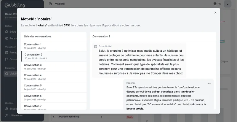 Capture d'écran Bubbling — liste des sources web citées par les moteurs génératifs pour recommander la marque, triées par fréquence de citation